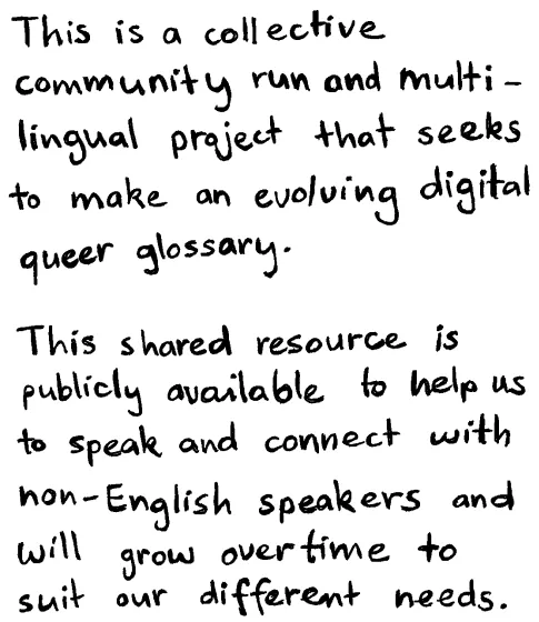 Description about Queer Glossary, a multilingual project aimed at creating a dynamic digital queer glossary a public resource that helps communicate with non-English speakers